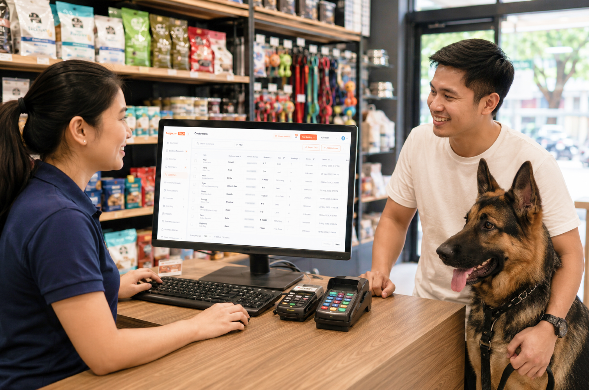 Pet business staff using Happy Pet Tech to handle bookings, billing, and customer records.